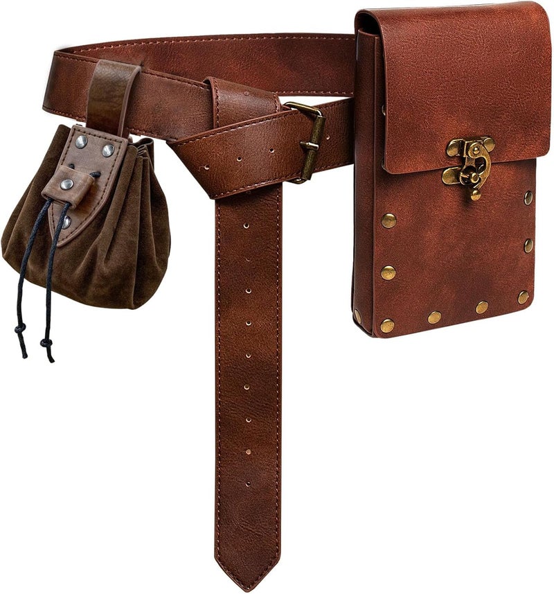 KOTORA Renaissance Belt Pouch Coin Purse Skirt Hike Set Medieval Festival Costume Halloween Accessories Casual Fanny Pack Waist Bag (2Pouch-0Brown) - Image 1
